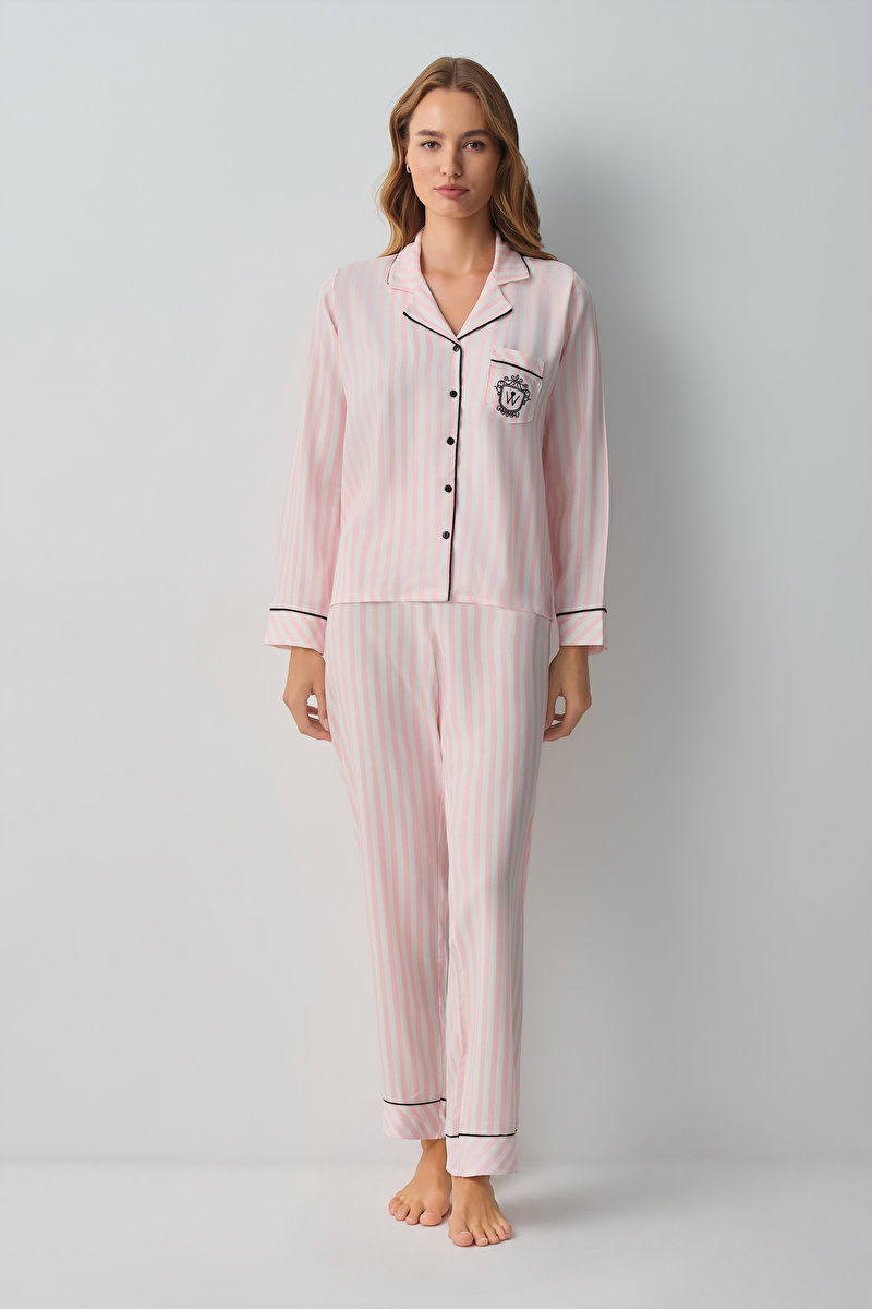 Pembe Çizgili Emily Gömlek Yaka Pijama Takımı