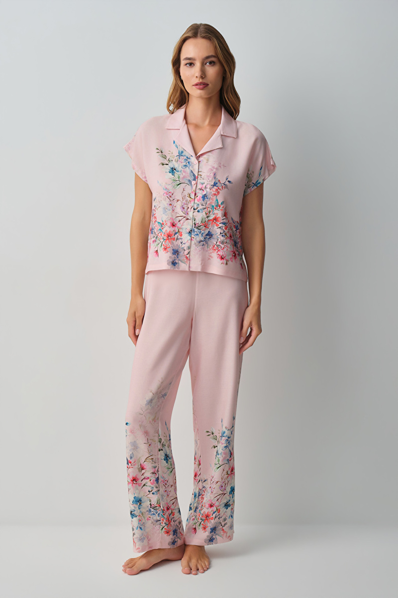 Pembe Bliss Floral Gömlek Yaka Pijama Takımı