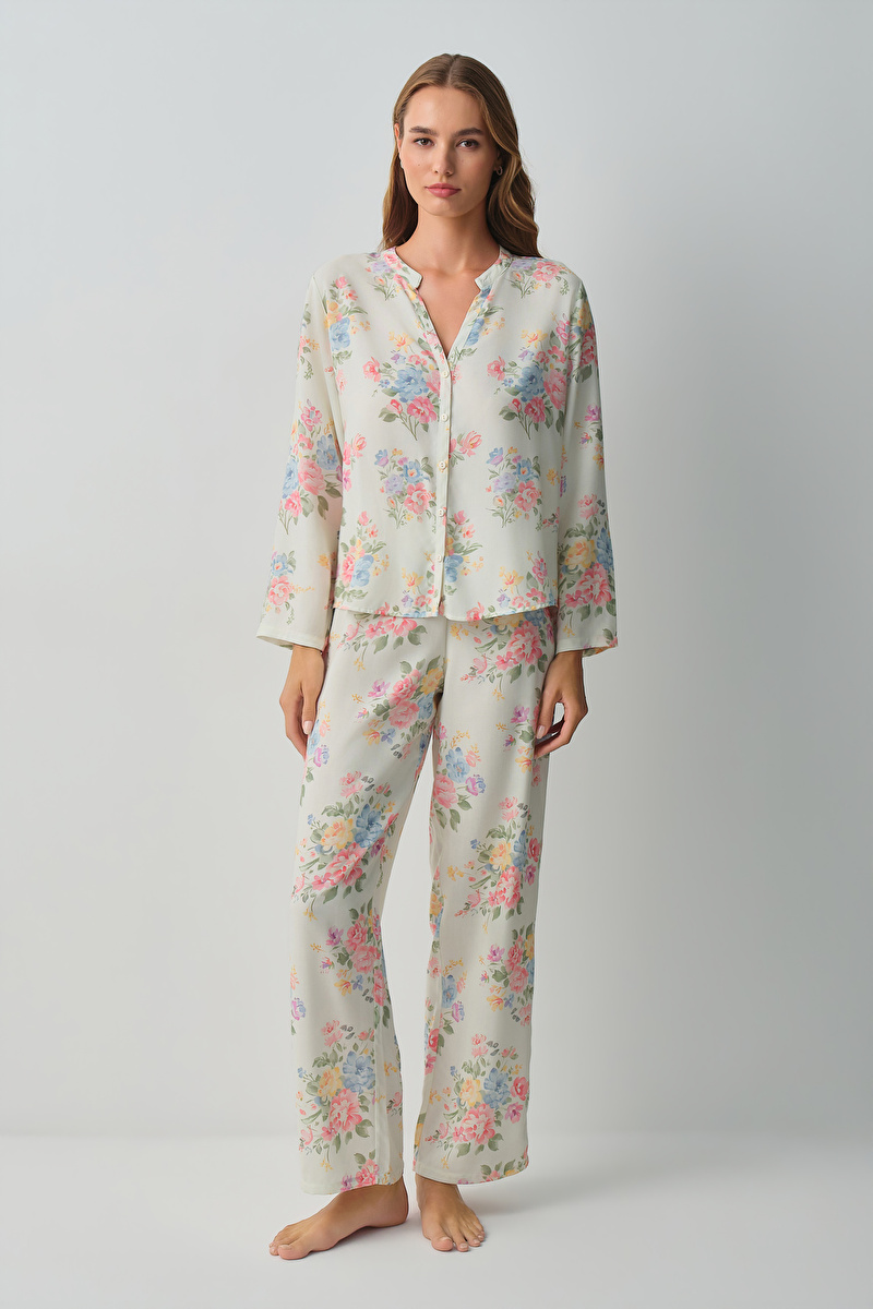 Çiçek Desenli Fleur Gömlek Yaka Pijama Takımı