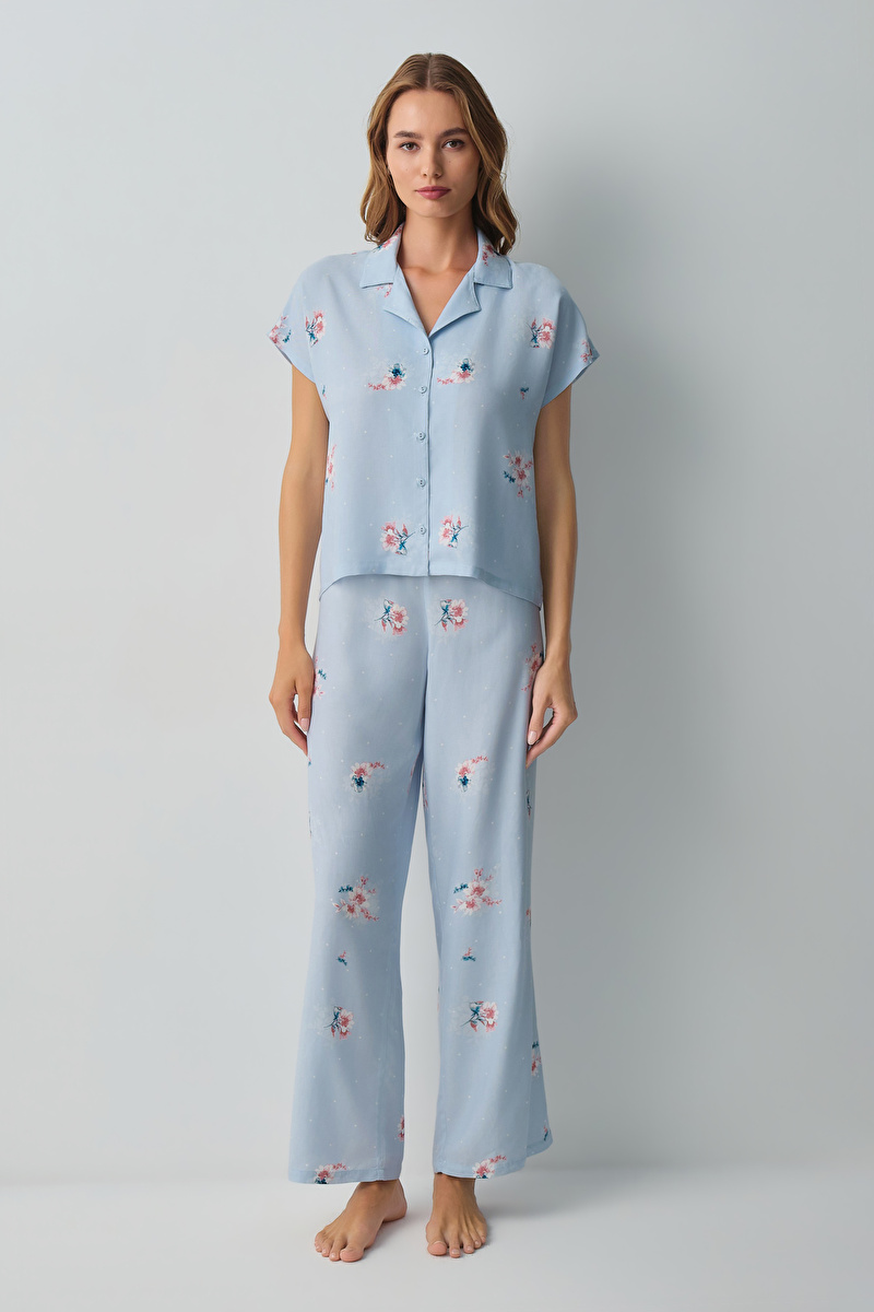 Mavili Bliss Gömlek Yaka Pijama Takımı
