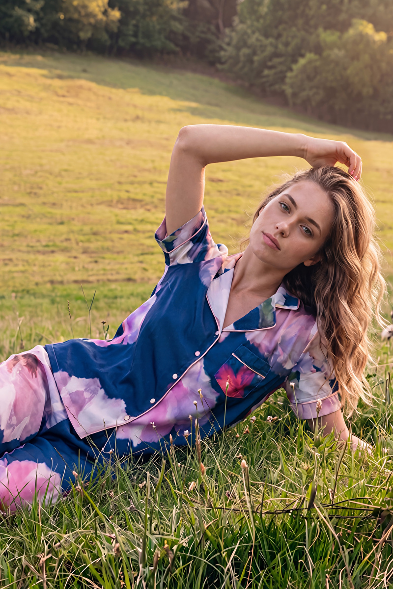 Petrol Mavisi Floral Gömlek Yaka Pijama Takımı