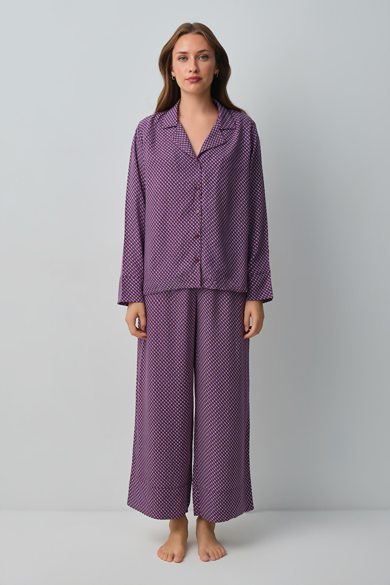 Bordo Desenli Vera Gömlek Yaka Pijama Takımı