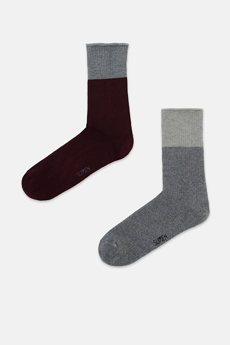 Gri / Bordo 2'li Colorblock Soket Çorap