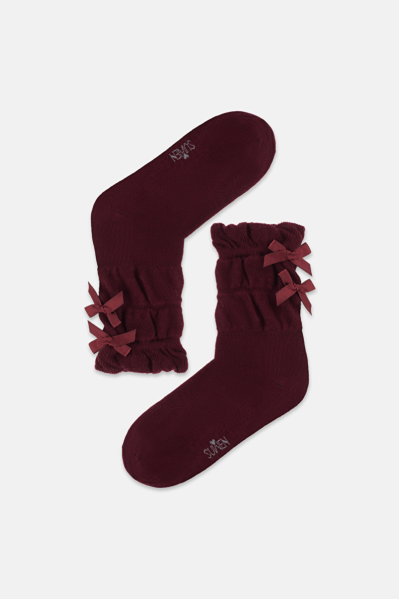 Bordo Çift Fiyonk Detaylı Soket Çorap