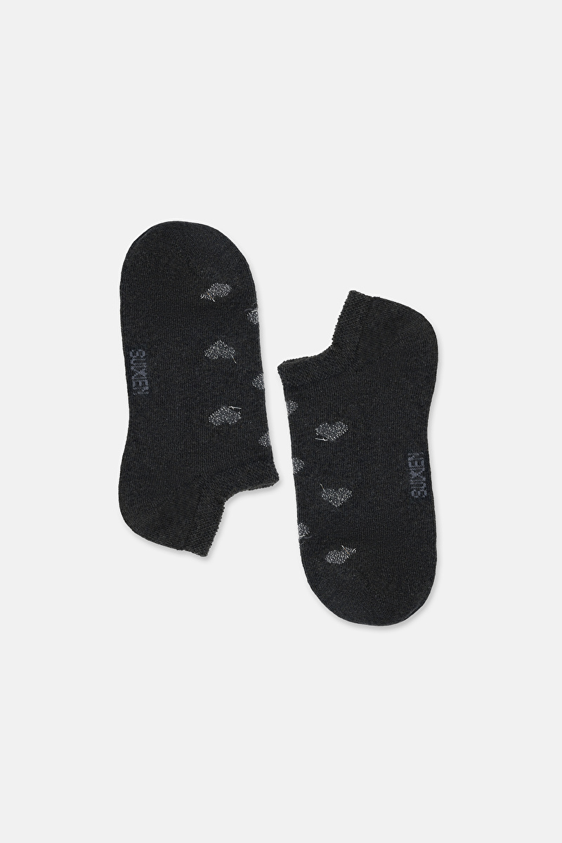 Koyu Gri Lurex Simli Kalp Desenlii Sneaker Çorap
